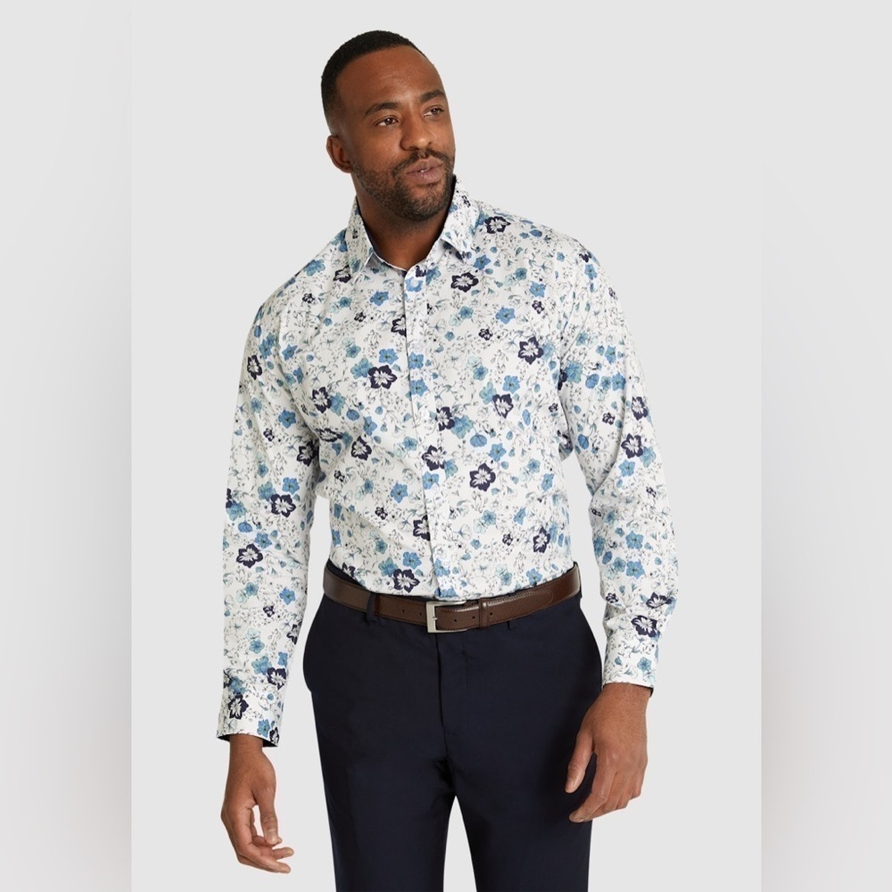 Johnny Bigg BLUE SHOREDITCH STRETCH PRINT SHIRT NEW Floral Print Long Sleeve
